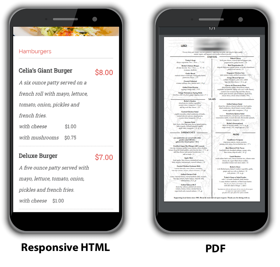 Responsive HTML and PDF menu side-by-side comparison